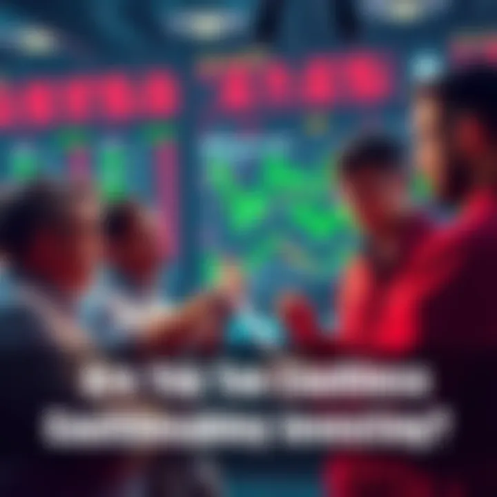 A group of investors examining stock charts and discussing market strategies