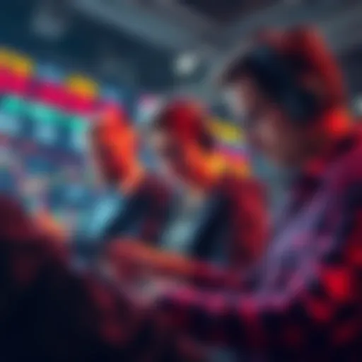 A group of investors examining cryptocurrency graphs and trends on digital devices, reflecting anticipation of market peaks.