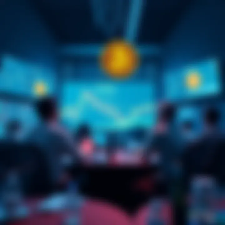Major investors are seen discussing and analyzing AI shares while monitoring Bitcoin trends on screens in an office setting.