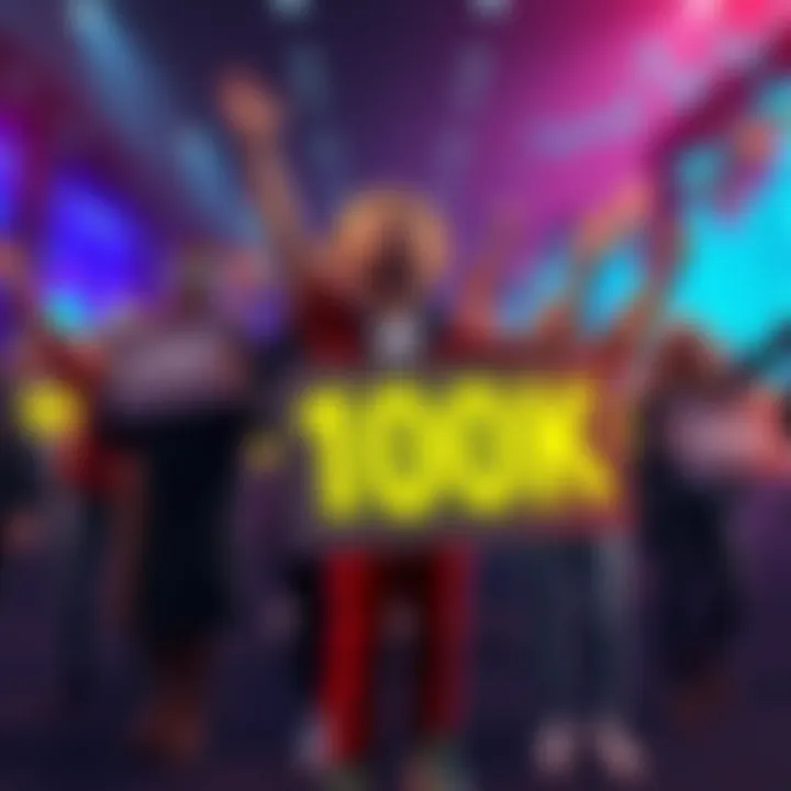 A group of happy investors holding signs for 100K CRO coins milestone, with graphs showing upward trends in the background