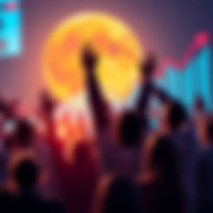 A group of enthusiastic investors raising their arms in excitement as digital asset charts show upward trends.