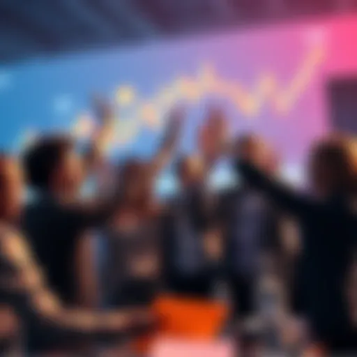 Group of investors analyzing charts and celebrating market success with high fives