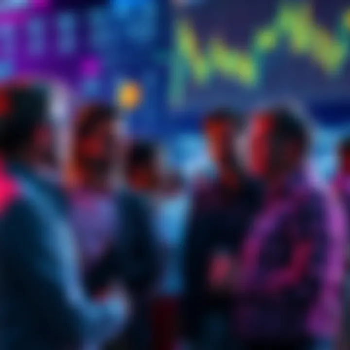 A group of people engaged in conversation about a coin's future growth potential, with charts and graphs visible in the background.