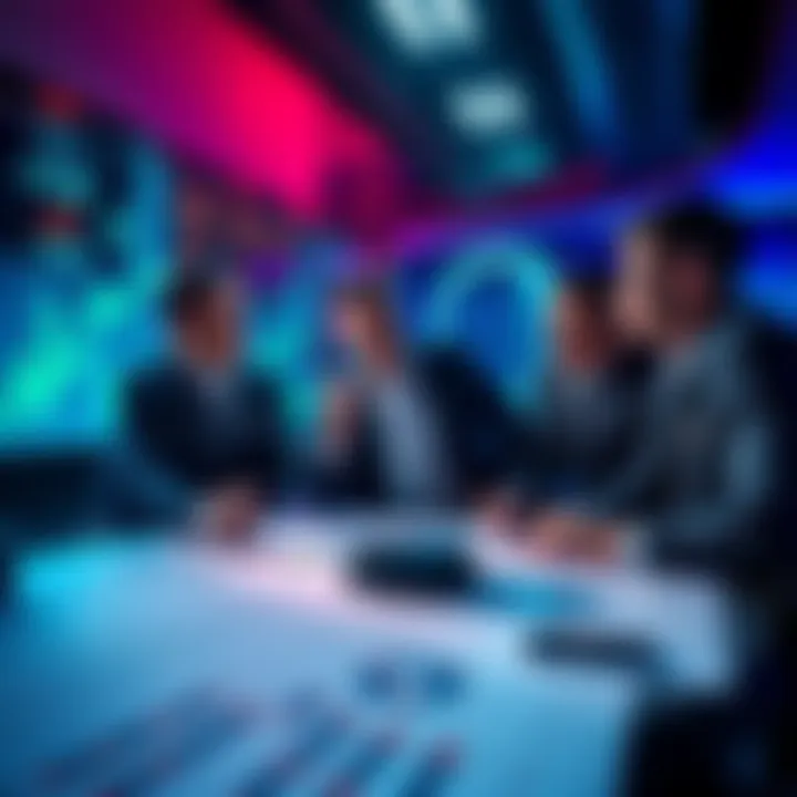 A group of investors talking about Ethereum over a table with charts and graphs, showing their interest in buying