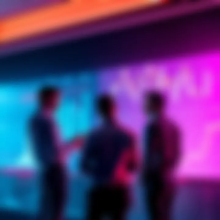 Group of investors sharing ideas about exit strategies for Kas investments, with charts and graphs in the background