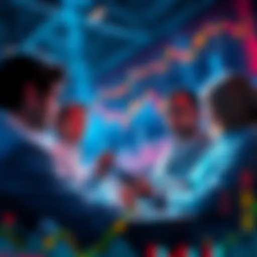 A group of investors discussing strategies to secure their crypto gains and manage risks in a dynamic market setting.