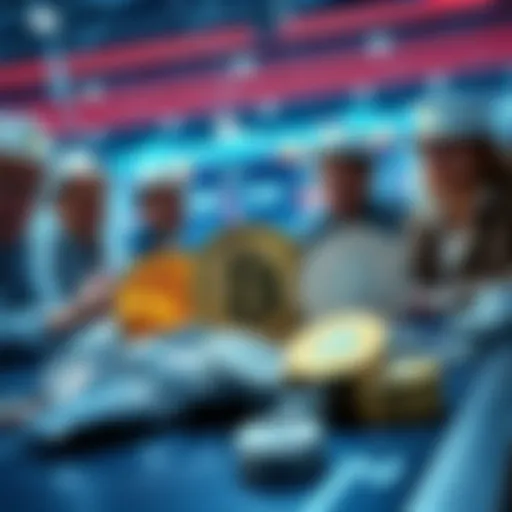 A group of investors discusses silver coins and Bitcoin on a table, symbolizing their shift to safer assets amid market uncertainty.