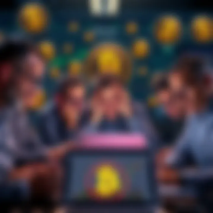 A group of investors looking at charts and graphs on laptops, surrounded by altcoin logos, showing frustration and confusion about their investments.