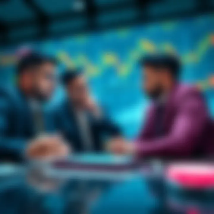 Investors Analyzing Cryptocurrency Trends Group of investors discussing cryptocurrency trends with charts and graphs in the background.