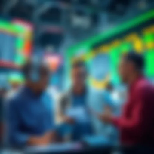A group of investors discussing their strategies for dollar-cost averaging in a lively market setting during 2026.