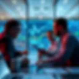 Group of investors examining financial charts and graphs in a meeting room