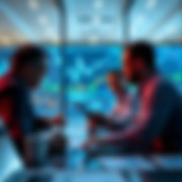 Group of investors examining financial charts and graphs in a meeting room