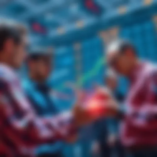 A group of retail investors looking at stock charts and discussing investments with a focus on stocks over cryptocurrency.