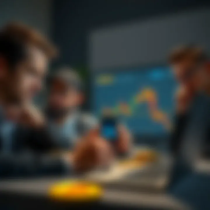 A group of distressed investors looking at declining Bitcoin charts on their laptops, expressing frustration and sadness.