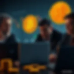 A group of worried investors looking at falling Bitcoin charts on their laptops, expressing concern over their investments.