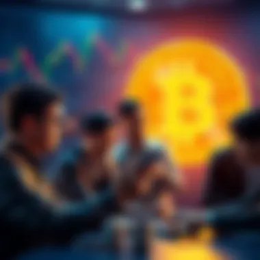 Group of people analyzing Bitcoin charts and discussing investment strategies as prices drop to $65,000.