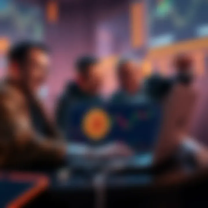 Group of investors looking at Bitcoin charts on a laptop with excitement as prices drop