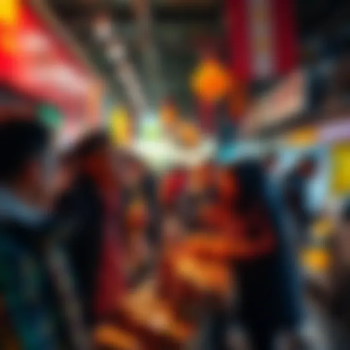 A group of people actively purchasing coins at a market, showing excitement over low prices.