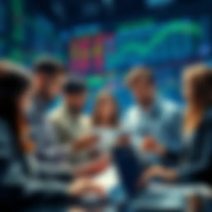 Investors Buying Stocks A diverse group of investors reviewing stock charts and discussing market trends while considering buying opportunities after a market dip.