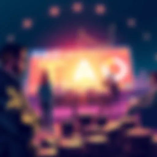 Investors Buying TAO A group of investors discussing strategies while looking at graphs showing the TAO market dip and potential recovery, with stacks of coins representing their investment in TAO.