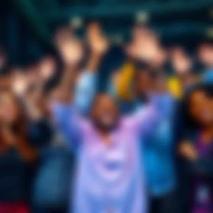 A group of diverse investors smiling and celebrating together, raising their hands in unity, symbolizing optimism and community support for achieving financial goals.