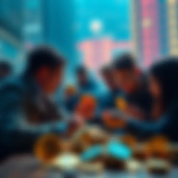 Investors comparing coins A group of people discussing different cryptocurrency coins, showing interest in random coins over Bitcoin.