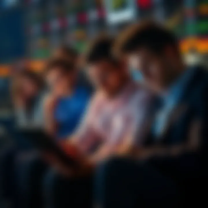 A group of investors looking worried while analyzing market graphs and data on laptops and tablets.