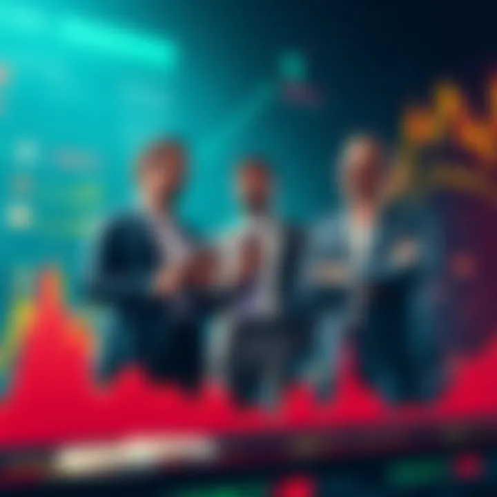 A group of confident investors discussing strategies over a digital graph showing rising cryptocurrency prices, symbolizing a shift from fear to greed.