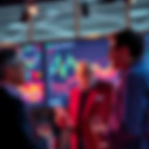 A group of investors engaged in conversation about their loyalty to AVAX, with graphs and charts indicating performance trends in the background.