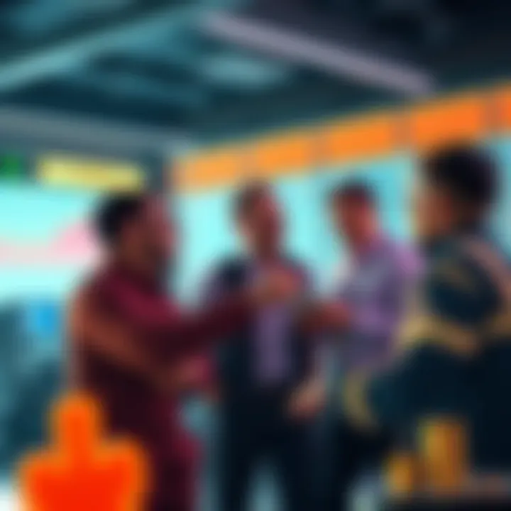 A group of investors analyzing charts and discussing emerging altcoins in a lively setting.