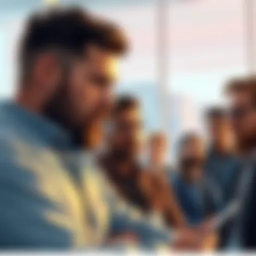 Group of investors sharing experiences about their significant losses in Dogecoin, looking concerned and engaged in conversation.