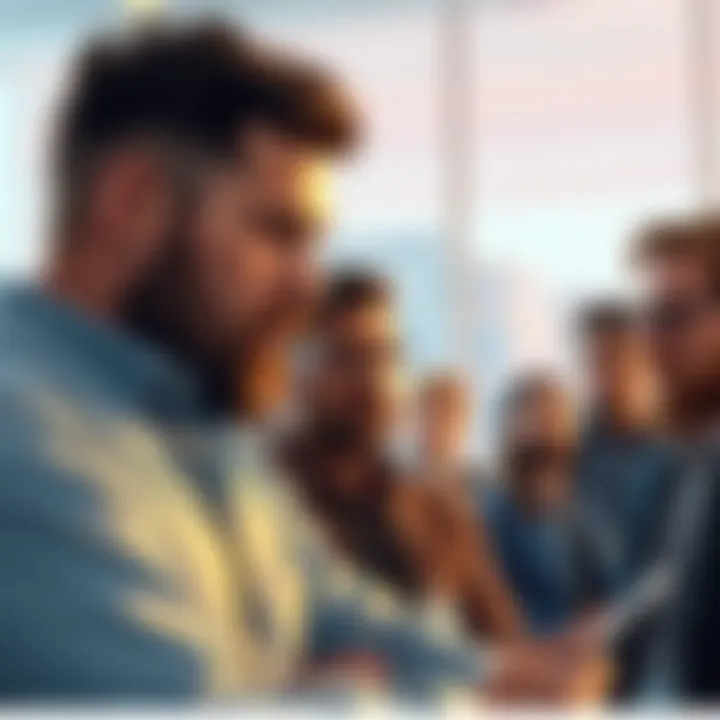 Group of investors sharing experiences about their significant losses in Dogecoin, looking concerned and engaged in conversation.