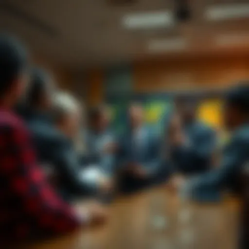 A diverse group of investors discussing market trends and holding onto their assets in a meeting room.