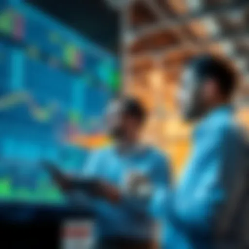 Group of investors discussing their strategies while looking at stock market charts on a screen