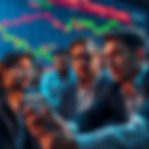 Group of distressed investors looking at falling cryptocurrency charts with expressions of concern