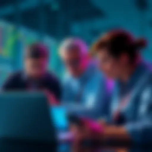 A group of frustrated investors looking at declining crypto charts and financial reports on laptops