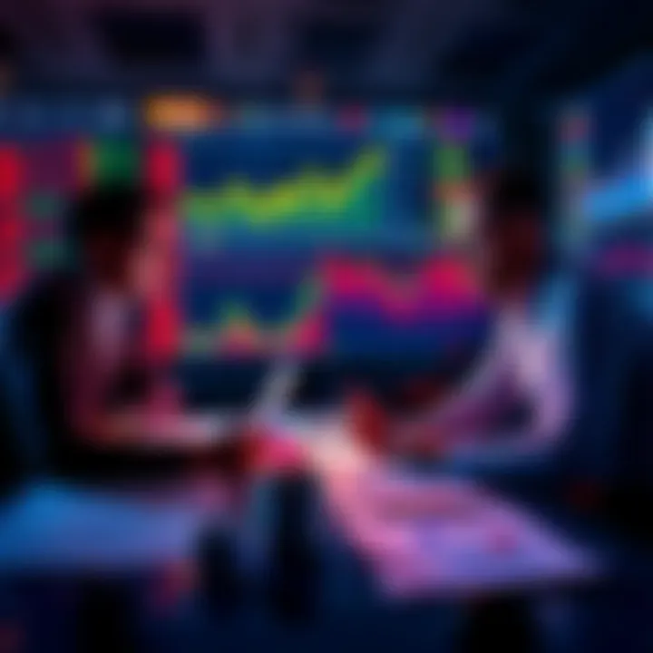 A group of investors discussing market predictions and trends around a table filled with charts and graphs.