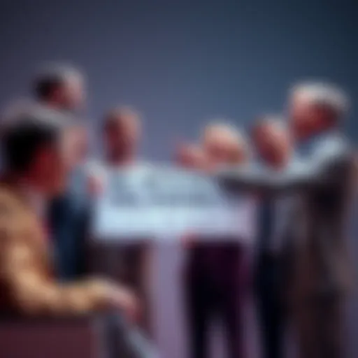 A group of investors discussing a controversial slogan while pointing and laughing at people who choose not to invest.