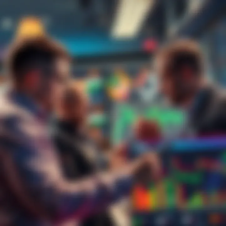 A group of investors discussing market trends while looking at charts and graphs, reflecting on their investment strategies and current sentiment.