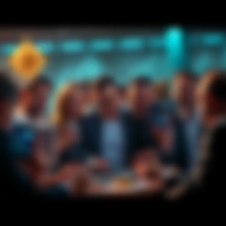 A group of frustrated investors discussing their losses after Gavin's coin drops dramatically, with laptops and phones in hand, expressing anger and disbelief.