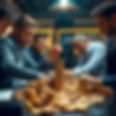 A group of investors gathered around a table, sorting and stacking coins, discussing market strategies.