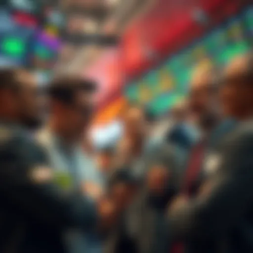 A group of investors discussing calmly in a stock market setting, showing a mix of emotions but focusing on their investments instead of panicking.