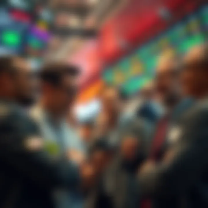 A group of investors discussing calmly in a stock market setting, showing a mix of emotions but focusing on their investments instead of panicking.