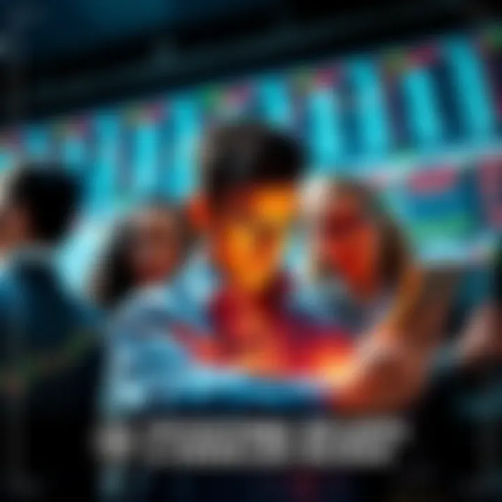 A group of concerned investors examining stock market graphs, showing downward trends and losses