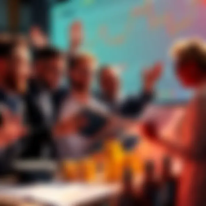 A group of investors celebrating while reviewing their financial charts showing profits