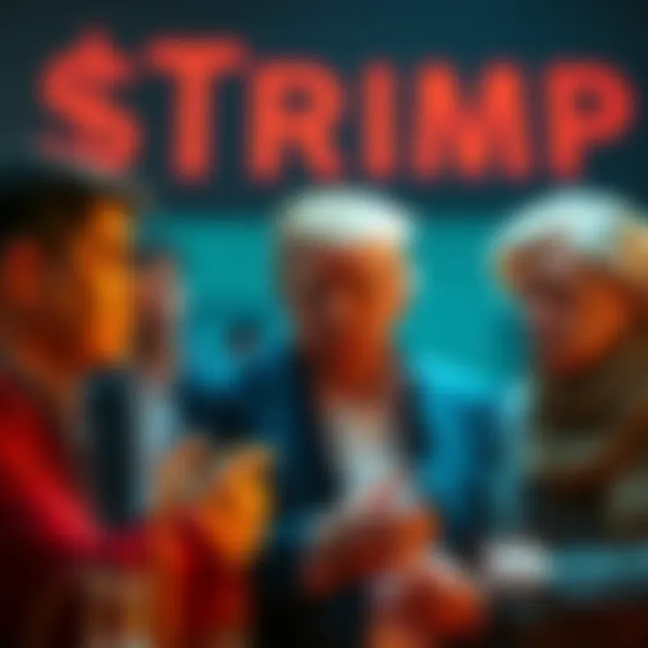 Group of people discussing their financial losses from $TRUMP cryptocurrency investment, showing expressions of disappointment and concern.