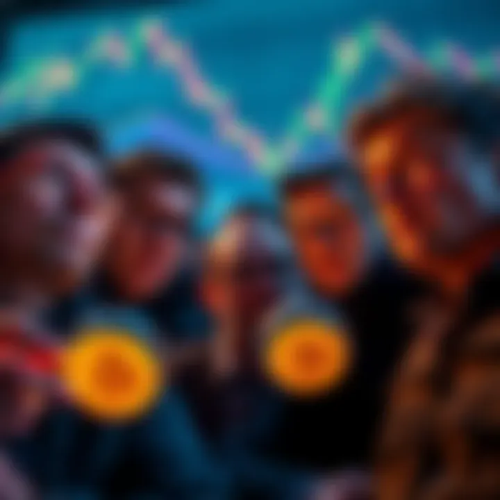 A group of inexperienced investors looking at Bitcoin price charts with expressions of worry and confusion, showing the tension of market movements.