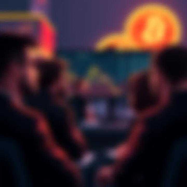 A group of concerned investors looking at a screen displaying falling Bitcoin prices, showing their worry and uncertainty.