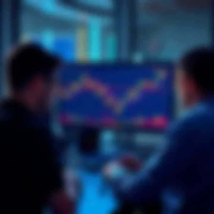 Group of investors looking at a computer screen displaying fluctuating Buttcoin prices and charts, expressing concern about future gains