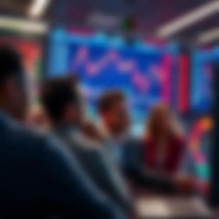 A group of worried investors staring at a screen showing a sharp decline in stock value, symbolizing financial loss.